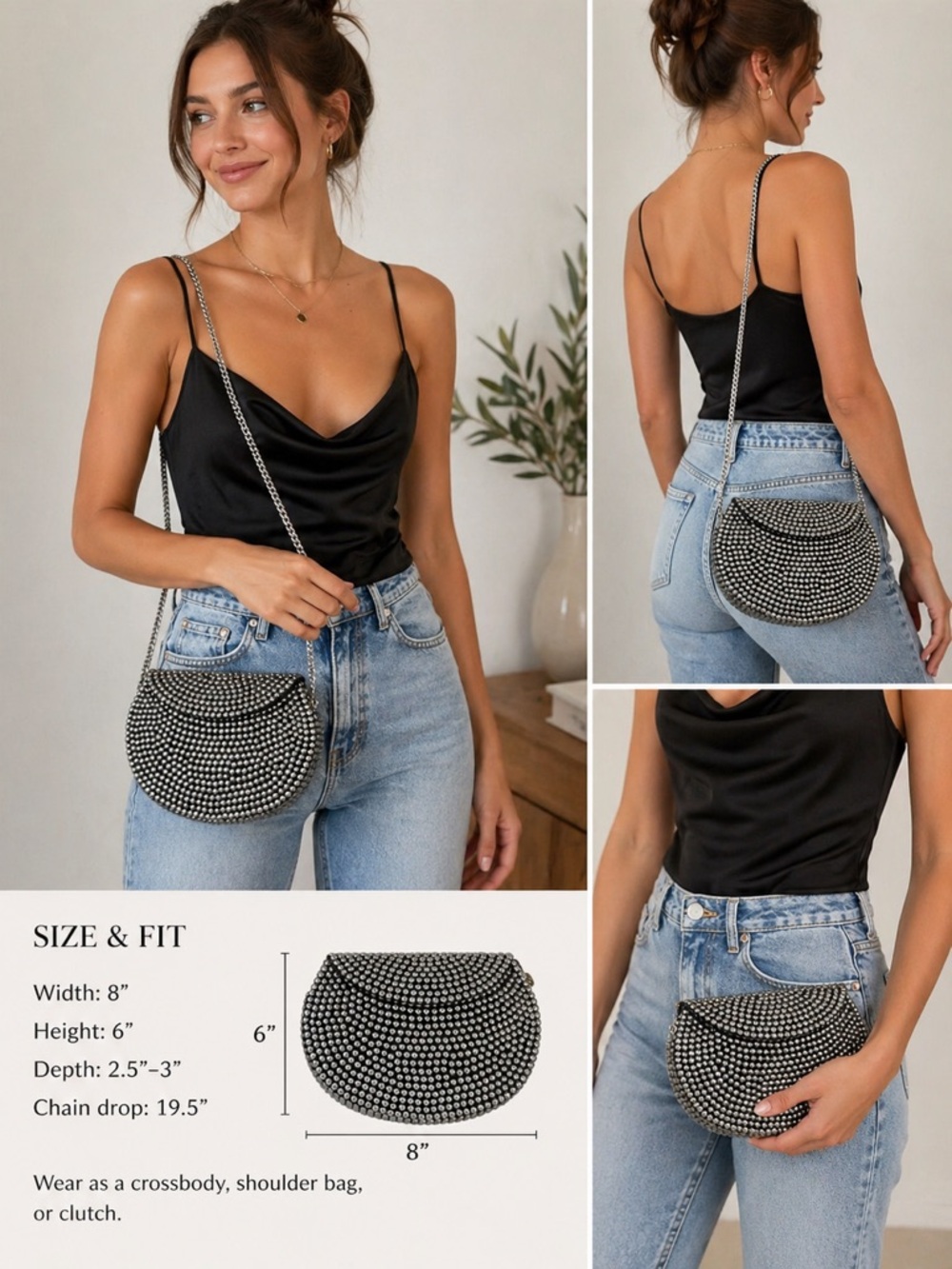Ramla Rockstar Studded Clutch Crossbody Silver Black Evening Statement Bag